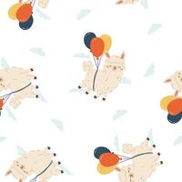 Seamless pattern in a simple children's style. Cute llama is flying in the clouds on balloons vector