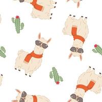 Seamless pattern in a simple children's style. Cute llama in sunglasses and cacti vector