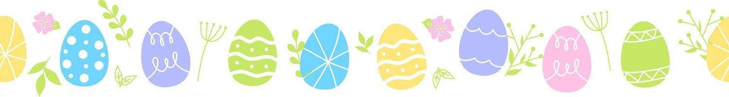 Easter eggs composition hand drawn black on white background. Decorative horizontal stripe from eggs with doodle leaves. vector