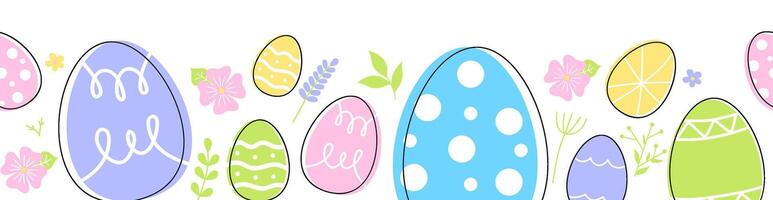 Easter eggs composition hand drawn black on white background. Decorative horizontal stripe from eggs with doodle leaves. vector
