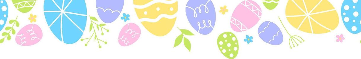 Easter eggs composition hand drawn black on white background. Decorative horizontal stripe from eggs with doodle leaves. vector