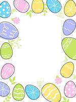 Easter eggs composition hand drawn black on white background. Decorative horizontal stripe from eggs with doodle leaves. vector