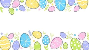 Easter eggs composition hand drawn black on white background. Decorative horizontal stripe from eggs with doodle leaves. vector