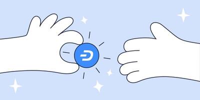 Illustration of a Dash Transaction - Hands Exchanging a Blue Cryptocurrency Token, Symbolizing Digital Payments and Blockchain Technology. vector