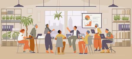 Diverse group of colleagues in a meeting in the open office interior flat illustration. Inclusive workplace concept. vector