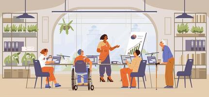Diverse colleagues on business meeting in modern open space office flat illustration. People of different age, ethnicity, in wheelchair, with disability working together. Inclusive workplace concept. vector