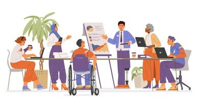 Diverse colleagues of different age, gender, ethnicity, with disabilities on a meeting flat illustration isolated on white. Inclusive workplace concept. vector