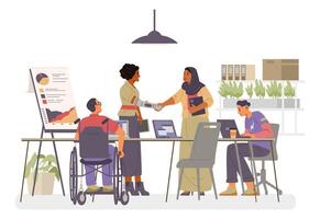 Diverse business team on a meeting flat illustration isolated on white. People of different age, ethnicity, gender, with disabilities working together. Inclusive workplace concept. vector