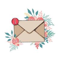 Illustration of an envelope with a notification and flowers vector
