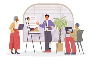 Diverse business team in the office flat illustration isolated on white. Man with leg prosthesis making business presentation. Inclusive workplace concept. vector