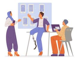 Diverse colleagues on business meeting discussing new app project flat illustration isolated on white. Inclusive workplace concept. vector