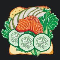 Sandwich with red fish, cucumber and lettuce leaf vector