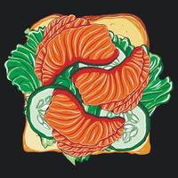 Sandwich with red fish, cucumber and lettuce leaf vector