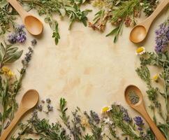 Fresh herbs and wooden spoons arranged on a surface for culinary preparation and decoration photo