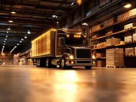 Large transport truck navigating through industrial warehouse filled with stacked pallets and dim lighting at night photo