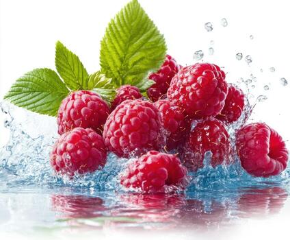 Fresh raspberries splashing in clear water with green leaves in vibrant display of nature's bounty photo