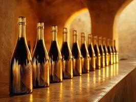 Champagne bottles lined on a wooden counter in a warm, ambient cellar setting during evening hours photo