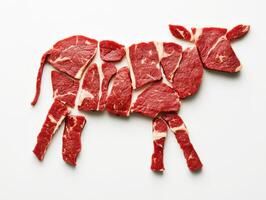 Creative arrangement of beef slices shaped like a cow on a white surface showcases culinary artistry and butchery techniques photo