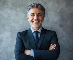 Confident businessman posing with arms crossed against a neutral background at a corporate office setting photo