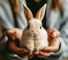 Cute rabbit being gently held in hands against a soft backdrop during a cozy indoor moment photo