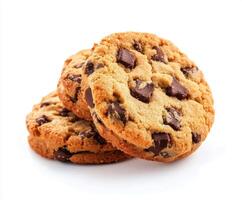 Freshly baked chocolate chip cookies stacked on a white background ready to be enjoyed with milk or coffee photo