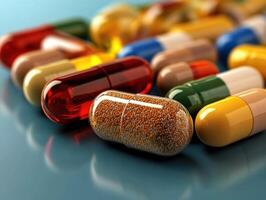 Colorful capsules and pills scattered on a reflective surface in a healthcare setting photo