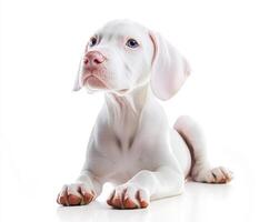 White puppy lying on a light background with curious blue eyes and soft fur, looking playful and charming photo