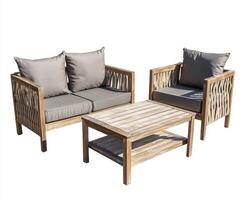 Comfortable outdoor furniture set featuring a wooden table and cushioned chairs suitable for relaxation in gardens or patios photo