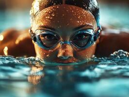 Swimmer preparing for a competition in an indoor pool filled with clear water and bright lights in the evening photo