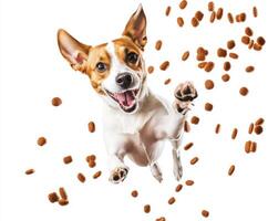 Happy dog jumps playfully as food kibble falls around in a bright space, showcasing joy and energy photo