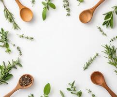 Fresh herbs and wooden spoons arranged beautifully on a white background for culinary inspiration photo
