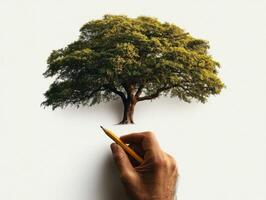 Creative vision of nature comes to life with a hand drawing a tree on a blank canvas photo