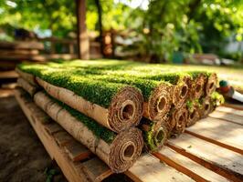 Rolls of freshly cut grass ready for installation in a sunny garden setting during the afternoon photo