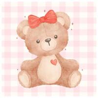 Adorable Valentine Coquette Teddy Bear with red bow in Watercolor Hand Painted vector
