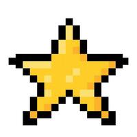 Pixel art golden star in a retro game style with a blocky digital appearance on a white background vector
