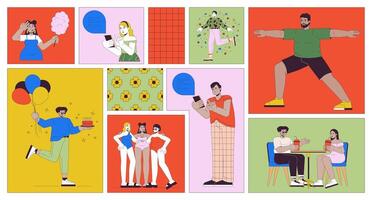 Body positive lifestyle bento grid illustration set. Happy life with obesity 2D image collage design graphics collection. Diverse people with overweight flat characters moodboard layout vector