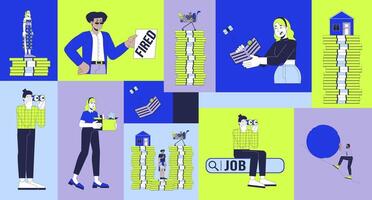 Stuff layoff crisis bento grid illustration set. Financial issues after dismissal 2D image collage design graphics collection. Corporate employees losing job flat characters moodboard layout vector