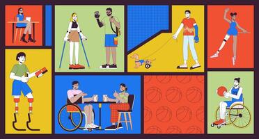 Disabled people inclusion bento grid illustration set. Equality and inclusion 2D image collage design graphics collection. Adults with disabilities flat characters moodboard layout vector