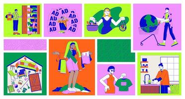 Overconsumption problem bento grid illustration set. Using and buying goods 2D image collage design graphics collection. People with excessive items flat characters moodboard layout vector