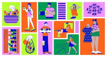 Responsible consumption bento grid illustration set. Minimize impact on environment 2D image collage design graphics collection. Multiracial people using goods flat characters moodboard layout vector