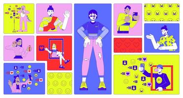 Influencer marketing bento grid illustration set. Social media promo campaign 2D image collage design graphics collection. Popular bloggers streaming flat characters moodboard layout vector