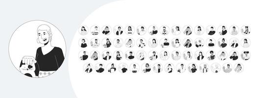 Avatars in circles cartoon outline illustrations mega bundle. Positive young people with cats and leisure 2D linear images isolated. Social media users collection black and white drawings vector