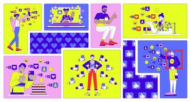 Popularity on social media bento grid illustration set. Gathering likes and reactions 2D image collage design graphics collection. Influencers career flat characters moodboard layout vector