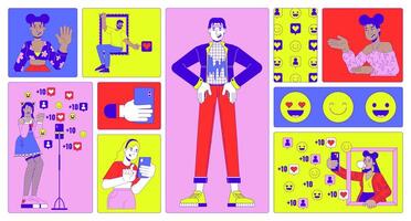 Social network stars bento grid illustration set. Popular personalities on social media 2D image collage design graphics collection. Bloggers streaming flat characters moodboard layout vector