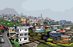 Building landscape colorful with grey sky and mountain at the background, illustration. vector