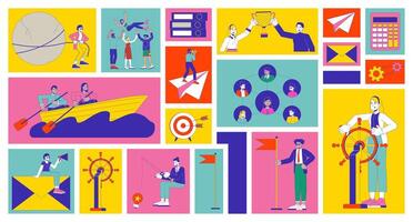 Business career bento grid illustration set. Success and leadership in corporate setting 2D image collage design graphics collection. Employees collaboration flat characters moodboard layout vector