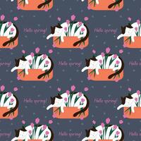 Seamless pattern of a cute sleeping cat in a flowerpot with tulip and heart with text Hello Spring in flat style. Perfect for seasonal decor, fabric and stationery design. vector