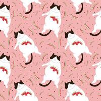 Tuxedo cat eat watermelon and is lying on his back surrounded by watermelon rinds and seeds in flat style. Seamless pattern design for postcard, banner and cloth. vector