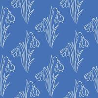 Snowdrops flower on blue background seamless pattern in line art style. Hand drawn floral print for spring design, wallpaper, postcard. vector