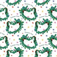 Seamless summer pattern with a cute white cat relaxing on green grass with colorful flower and text Summer Time. Ideal for seasonal prints, fabric, textile and home decor on white background. vector